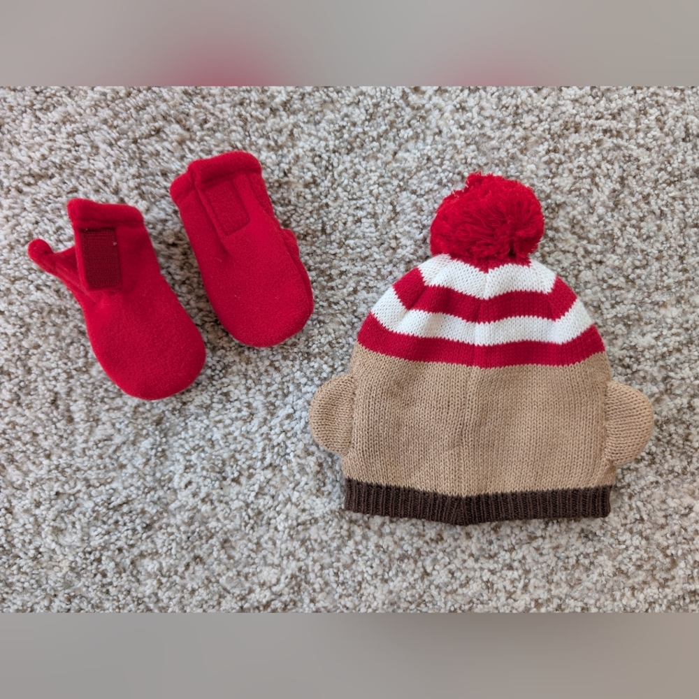 Old Navy Sock Monkey Hat 0-6m Baby Gap Red Fleece Mittens Newborn To 3m - Picture 5 of 5